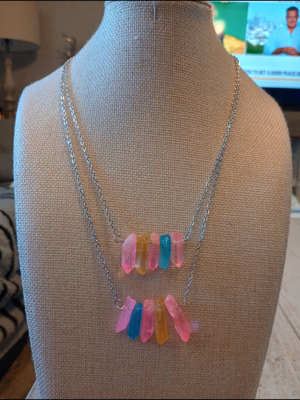 paparazzi Pink, Blue, Yellow Layered Crystal Point Necklace